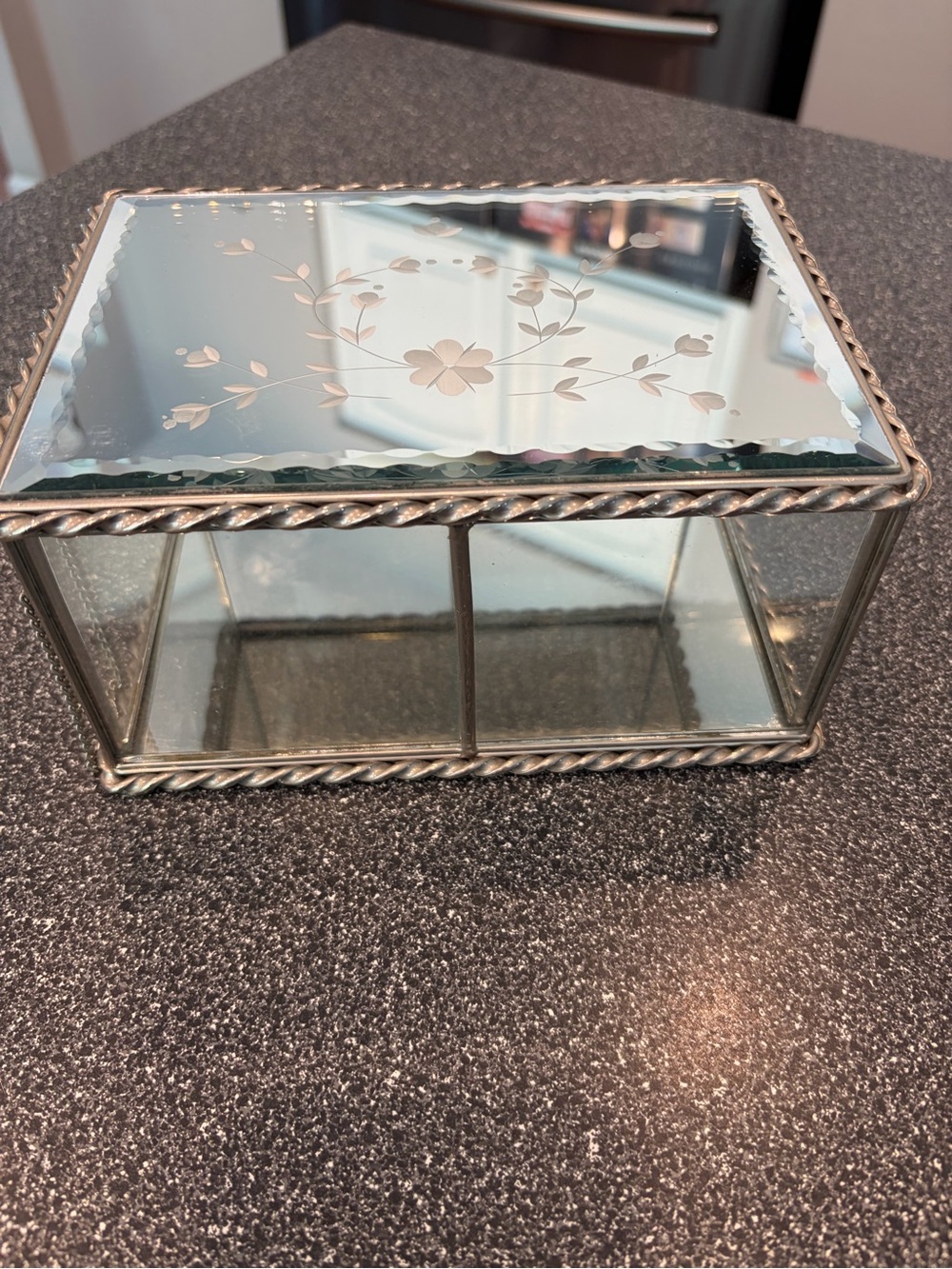 Silver Mirrored Glass Keepsake Box with Floral Etching Vintage